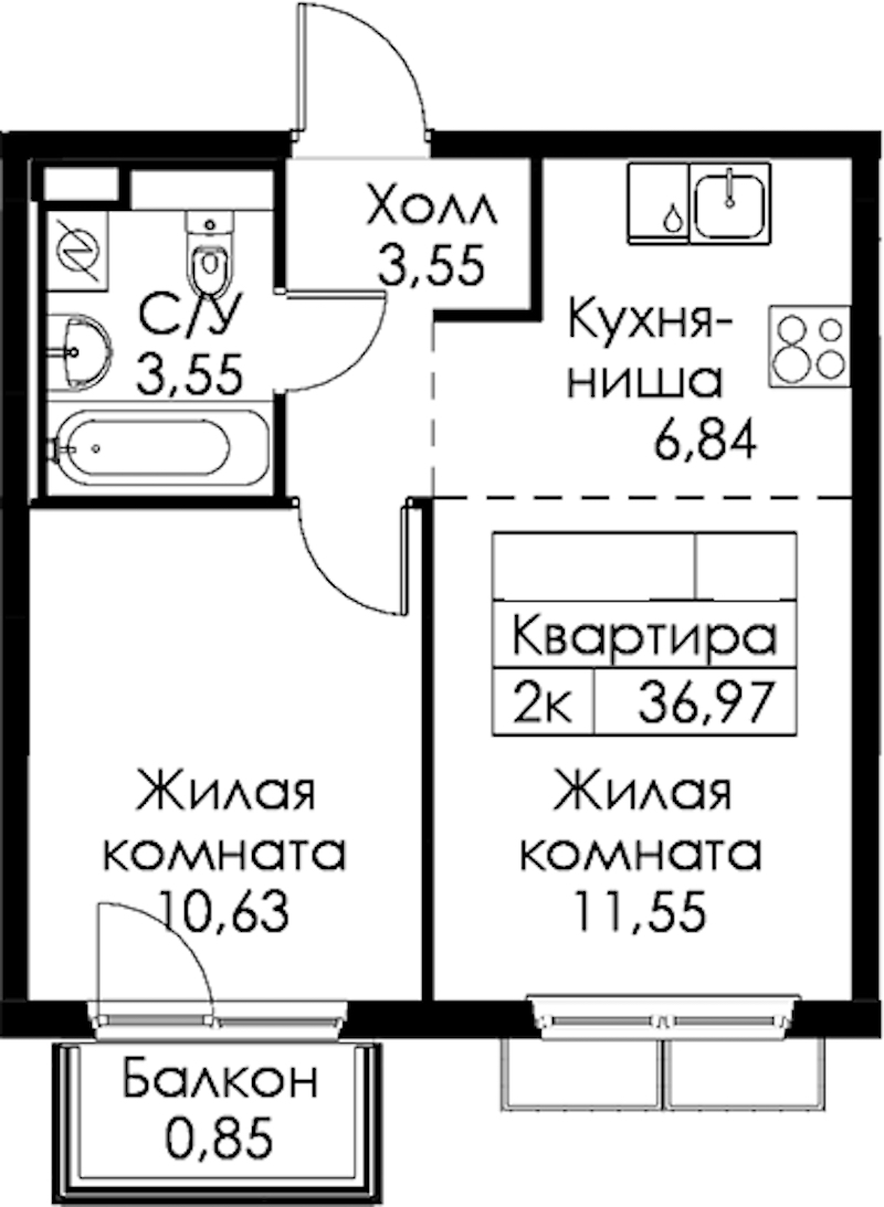 1-комнатная квартира 36.97 м², 13/15 эт., ЖК «Янинский лес»